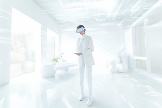 VR goggles technology concept with a person wearing virtual reality glasses device in white room. Generated AI