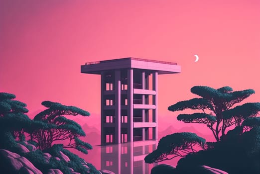 Vaporwave landscape with abstract building with pillars. 80s styled pink and blue minimalistic architectural scene. Generated AI