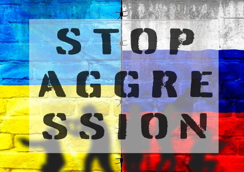 A poster with a red, white and blue background with the words Stop Aggression written in white