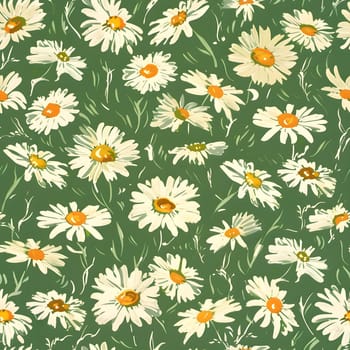 A beautiful seamless pattern featuring daisies, a flowering plant, on a lush green background. The intricate design highlights the beauty of nature with its delicate petals and grasslike foliage