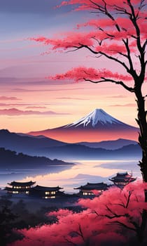 Serene landscape with mountain in background. For meditation apps, on covers of books about spiritual growth, in designs for yoga studios, spa salons, illustration for articles on inner peace, print