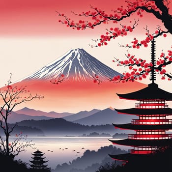 Serene landscape with mountain, pagoda in background. For meditation apps, on covers of books about spiritual growth, in designs for yoga studios, spa salons, illustration for articles on inner peace