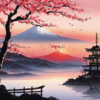 Serene landscape with mountain, pagoda in background. sky is filled with beautiful pink hue, and moon is shining brightly. Concept of peace, tranquility. For art, creative projects, fashion, magazines