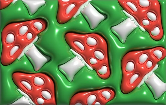 Red fly agarics on a green background, 3D rendering illustration