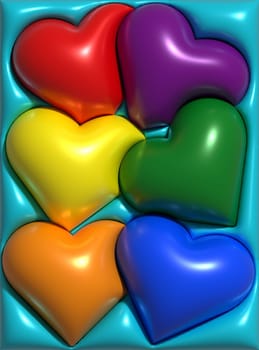 Multi-colored volumetric hearts on a blue background, 3D rendering illustration