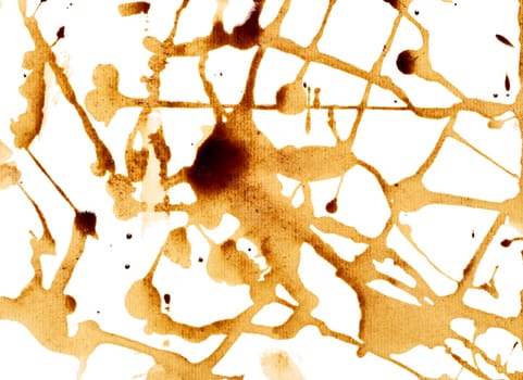 Spilled black coffee, splashes on a white background, close up