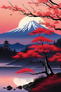 Mount Fuji range with red tree in foreground. For meditation apps, on covers of books about spiritual growth, in designs for yoga studios, spa salons, illustration for articles on inner peace, print