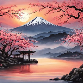 Japanese sunset over tranquil landscape, featuring traditional pagoda silhouetted against radiant sky. Blend of vibrant colors captures essence of peace. For art, creative projects, fashion, magazines