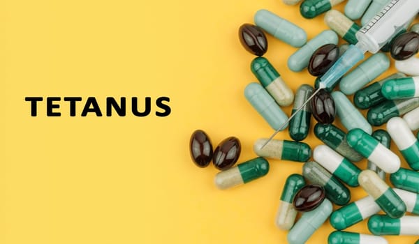 A bunch of pills with a syringe on top of them and the word Tetanus written below