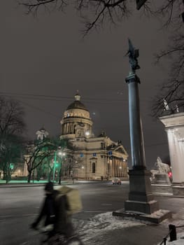 Night view of frozen the monument St. Isaac's Cathedral in frost after severe frosts, Russia, St.Petersburg. High quality photo