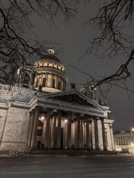 Night view of frozen the monument St. Isaac's Cathedral in frost after severe frosts, Russia, St.Petersburg. High quality photo