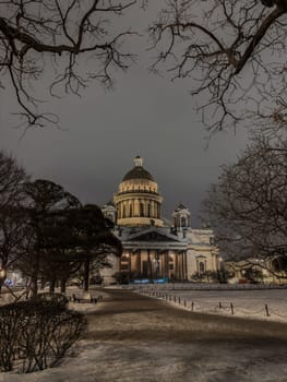 Night view of frozen the monument St. Isaac's Cathedral in frost after severe frosts, Russia, St.Petersburg. High quality photo