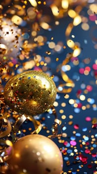 The image captures a festive atmosphere marked by golden confetti and glittering ornaments suggestive of a joyous celebration or holiday event - Generative AI
