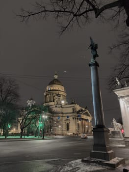 Night view of frozen the monument St. Isaac's Cathedral in frost after severe frosts, Russia, St.Petersburg. High quality photo