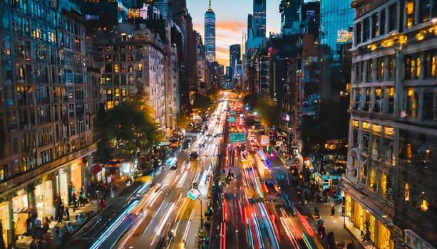 Dynamic nightfall city scene with long exposure traffic lights and urban glow,, rush hour commuting time, sunset, blurry cityscape, bokeh effect, AI generated