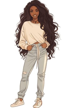 A drawing of a woman with long hair in a white shirt and jeans. She has a smiling face and is in an active pants gesture, with her waist, thighs, and knees visible