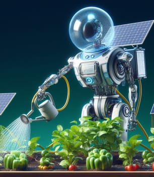 robot working in the farm vegetable garden to grow produce for human consumption ai generated