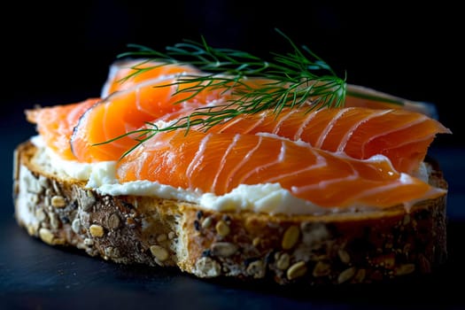 Slices of smoked salmon with cream cheese on whole grain toast, decorated with sprigs of dill, top view, on a black background. AI generated.