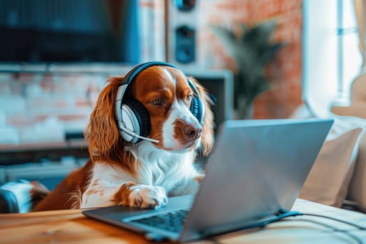 A dog working from home on a laptop wearing headphones, Generative AI.