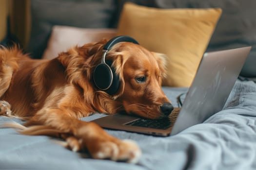 A dog working from home on a laptop wearing headphones, Generative AI.