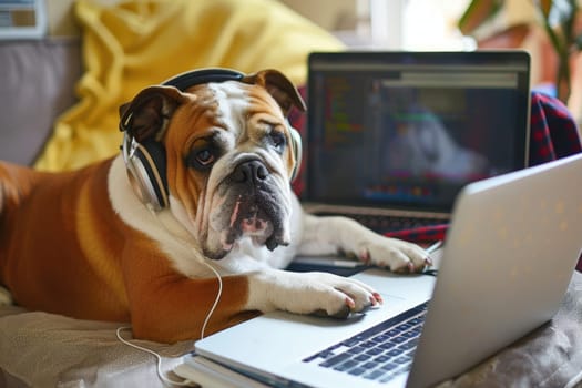 A dog working from home on a laptop wearing headphones, Generative AI.