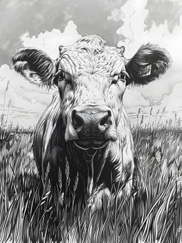 A monochrome painting of a working animal a cow standing in a grassy field. It showcases the terrestrial animals horn and snout in a beautiful art piece