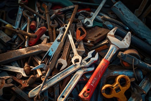 A pile of tools in warm light, Building and measuring tools, Generative AI.