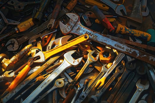 A pile of tools in warm light, Building and measuring tools, Generative AI.