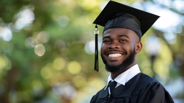 A man in a graduation gown is smiling and holding his hands up in the air.