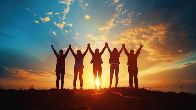 A group of people are standing together in a field, holding hands and looking up at the sky. The sky is filled with clouds and the sun is setting, creating a warm and peaceful atmosphere