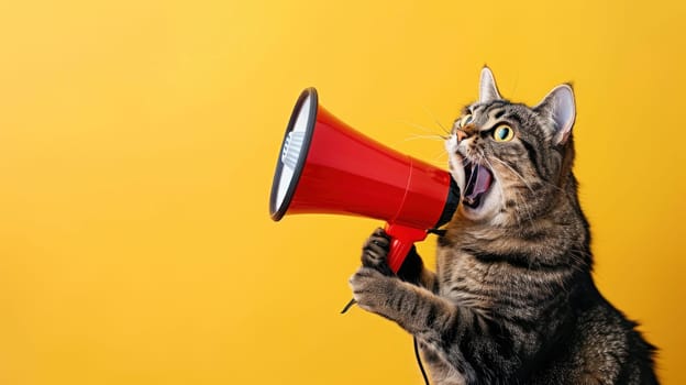 A cat is holding an orange megaphone and making a loud noise.