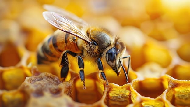 A bee is on a honeycomb.