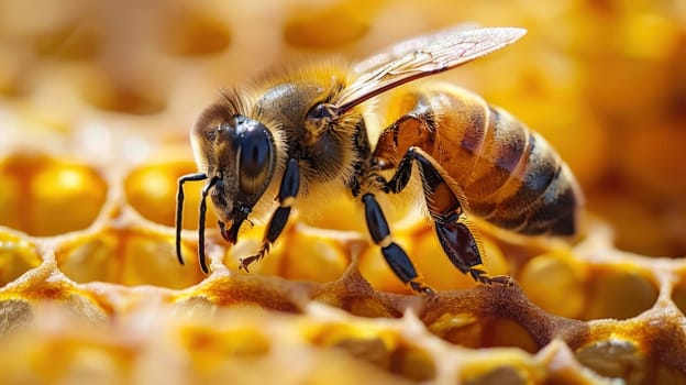 A bee is on a honeycomb.