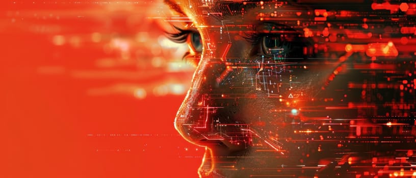 A cyborg face is covered in glowing red sparks.