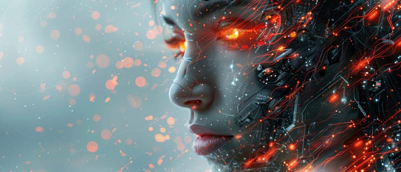 A cyborg face is covered in glowing red sparks.