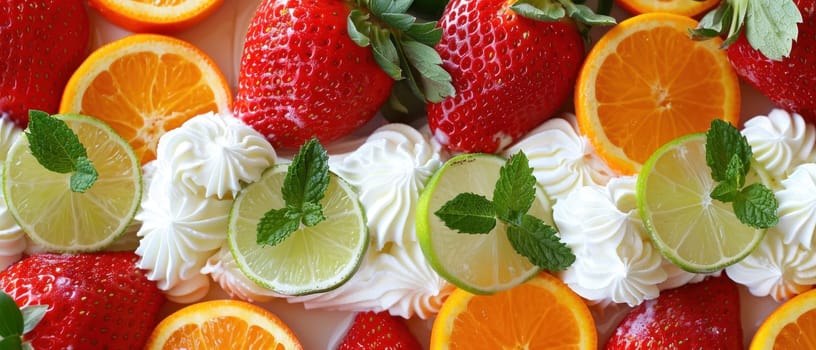 A fruit platter with cream strawberries, oranges, and lime.