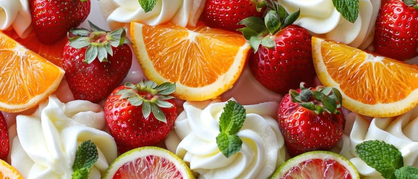 A fruit platter with cream strawberries, oranges, and lime.