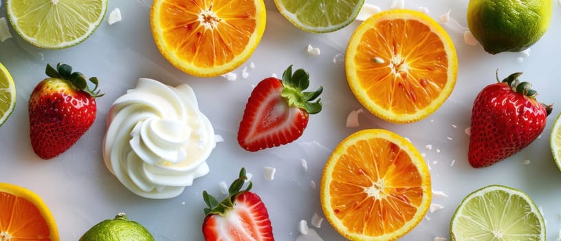 A fruit platter with cream strawberries, oranges, and lime.