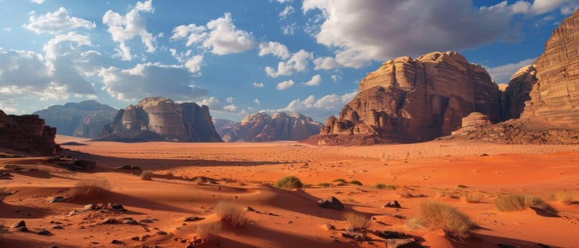 A desert landscape with a large rock in the foreground.