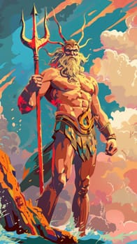 Poseidon with a trident is standing in a painting with a splash of color.