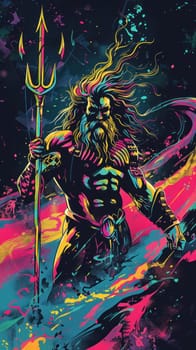 Poseidon with a long beard and a trident is standing in a colorful background.
