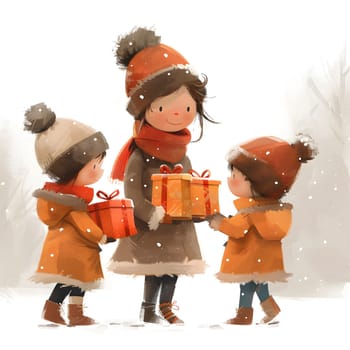 A woman and her two children are making a heartwarming gesture by holding gifts in the snowy winter day. They are playing in the snow, with toys and action figures scattered around them