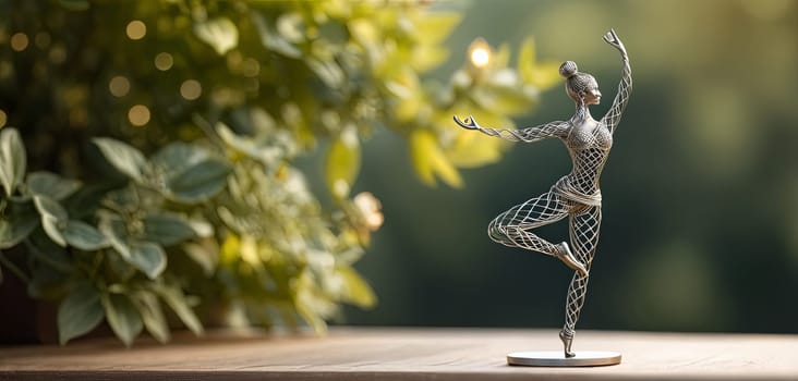 Woman in yoga pose, bent wire figure on nature backdrop, Creative figures symbol of tranquility, art and serenity intersection