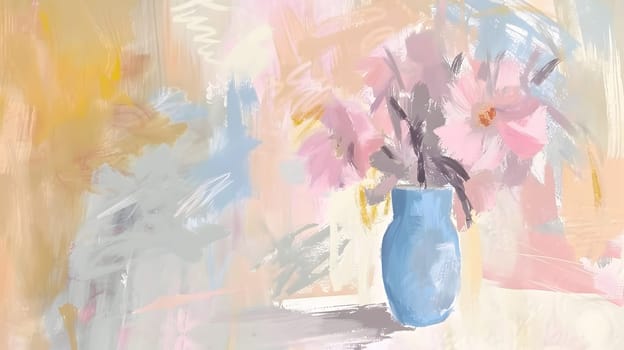 An art piece depicting a bouquet of flowers in a blue vase on a table, showcasing the beauty of nature through paint and flower arranging