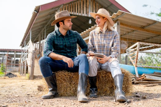 Caucasian man and woman farmers sit on straw and discuss about working, they look happy and relax after work in farm together with day light.