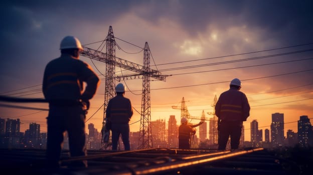 A team of male electricians are working, checking the service, fuse of the main electrical circuit and the power system. High voltage electrical line. High voltage power transmission tower. Electric current runs through wires.