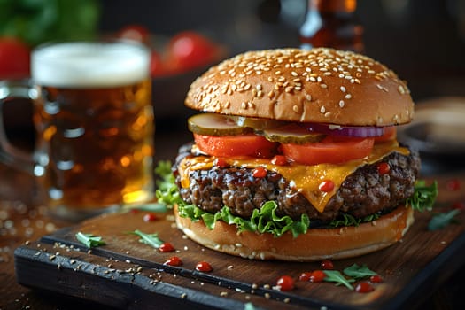 Close-up of a delicious cheeseburger topped with fresh lettuce, tomato, served on a rustic wooden tray with beer in background.