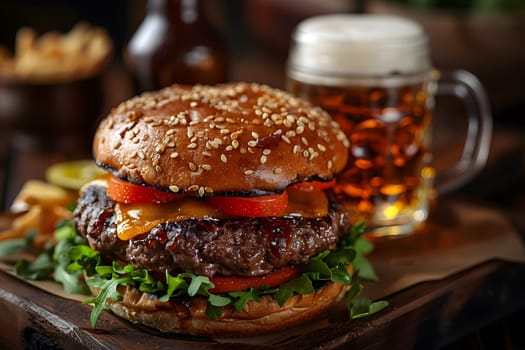 Gourmet juicy cheeseburger with lettuce, tomato, and cheese served on wooden tray with a mug of beer in background.