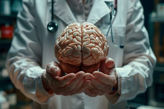 Close-up of professional doctor's hands cradling human brain model. Concept of healthcare, medicine, education, and expertise in neurology.