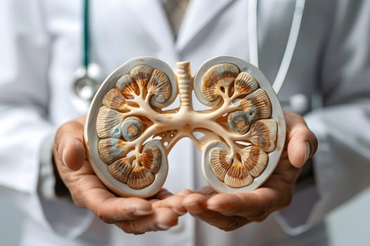 Close-up view showing doctor holding human kidney model, symbolizing healthcare, medical education, and human anatomy.